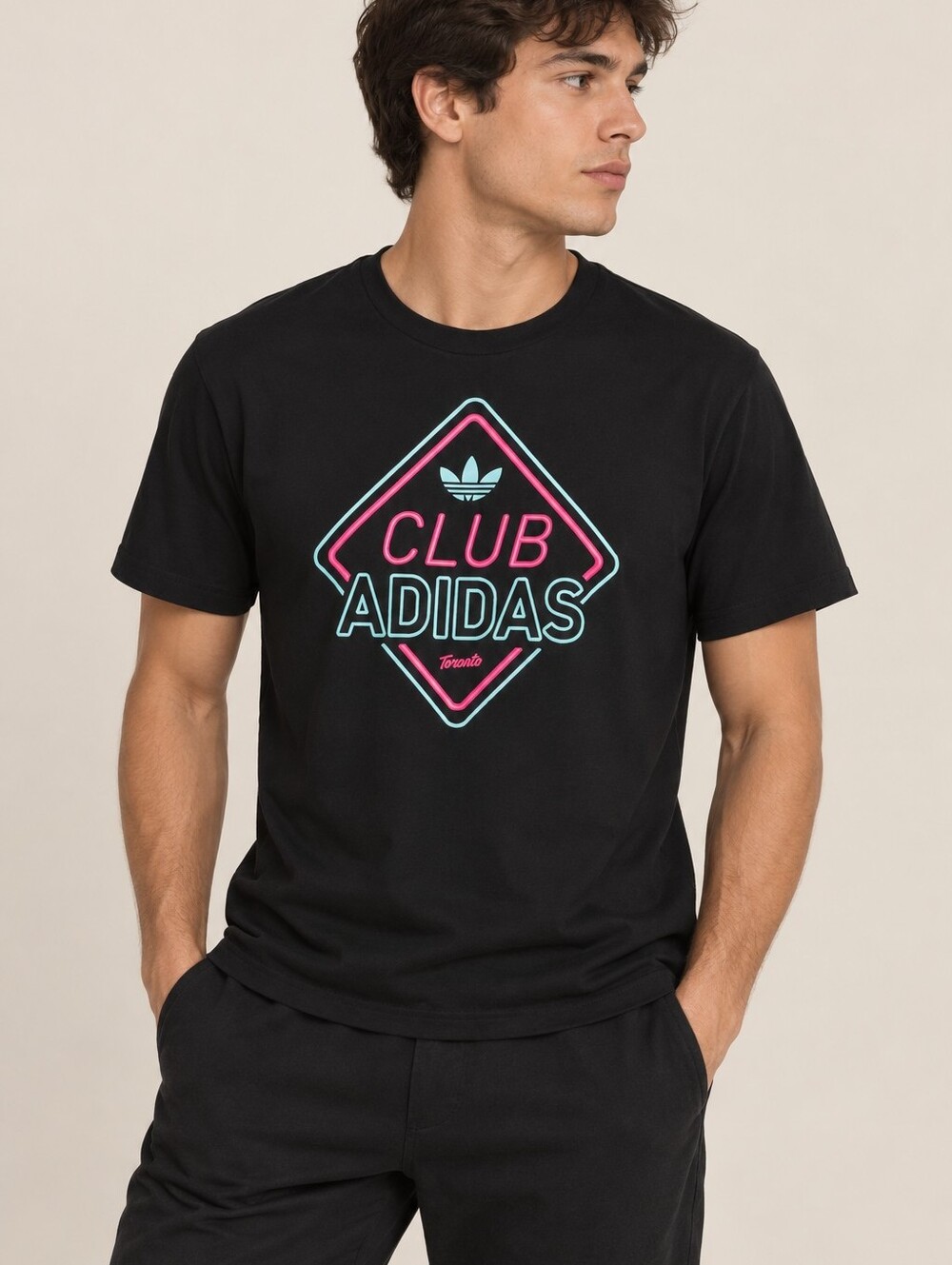 Adidas Men Black Tee with Pink & Teal Club Logo Preppy Retro